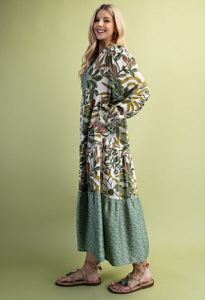 Green Mixed Print Tiered Midi Dress