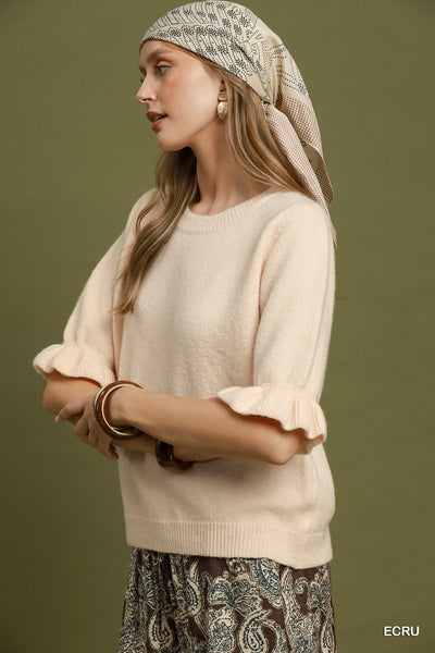 Soft Ruffle Sleeve Sweater Cream