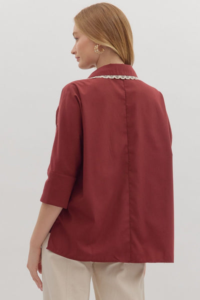 Merlot Leopard & Lace Collared Top