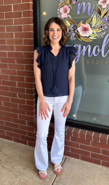 Dark Blue Textured Ruffle Top