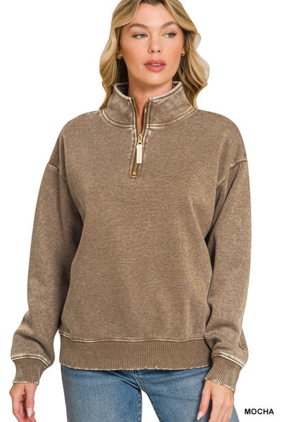 Acid Wash Half Zip Sweatshirt Mocha