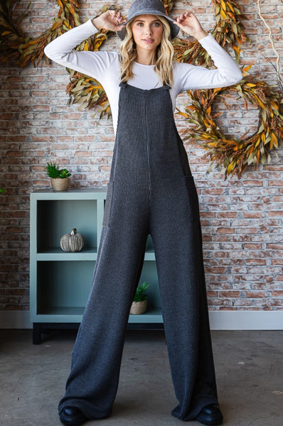 Charcoal Ribbed Knit Wide Leg Overall Jumpsuit