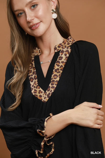 UMGEE Leopard Trim Puff Sleeve Top Black