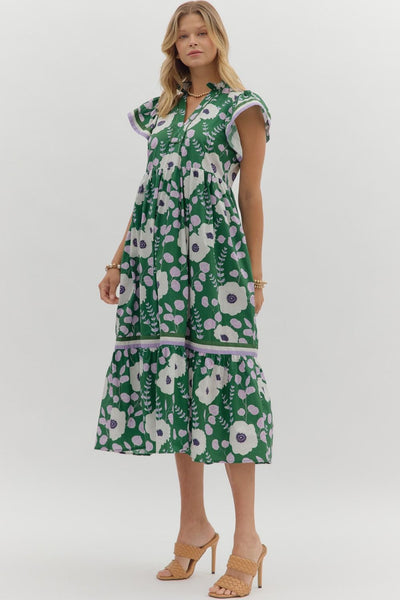 Floral Flutter Sleeve Dress Green Mix