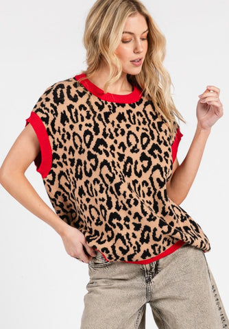 Leopard Red Trim Sweater Vest