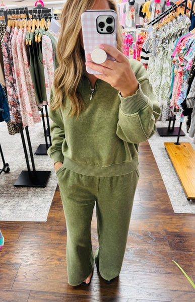 Acid Wash Sweatshirt Pullover Light Olive