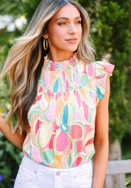 Molly Abstract Print Smocked Collar Top