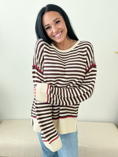 Stripe Raw Edge Sweater Cocoa & Cream