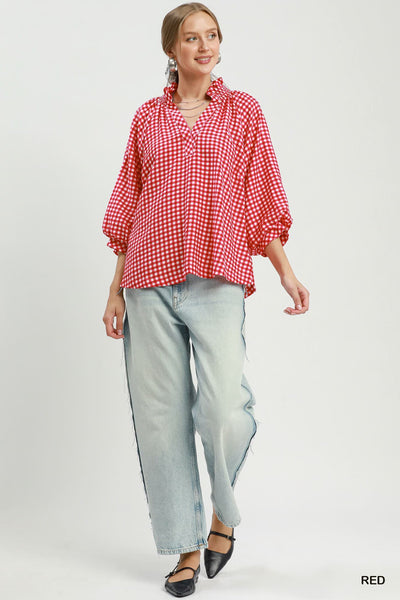 UMGEE Gingham Check Puff Sleeve Top