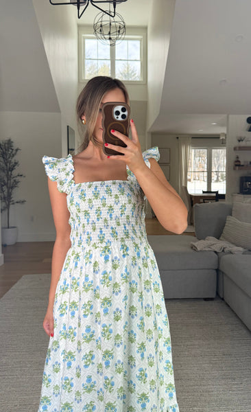 Smocked Floral Dress Blue Mix