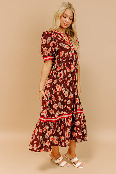 Floral Multicolor Tiered Midi Dress Brown Mix