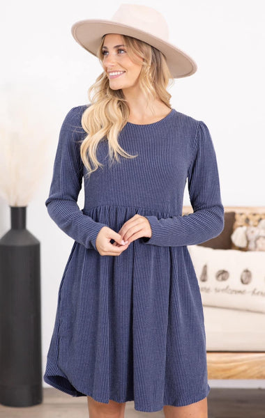 Urban Ribbed Knit Babydoll Dress Dark Blue