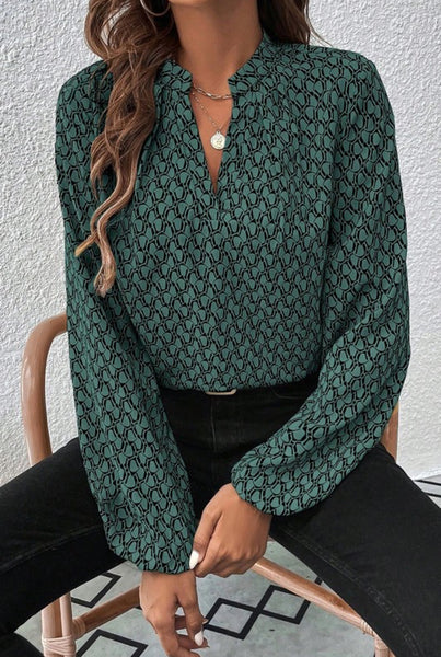 Dark Green Geo Print Top