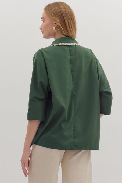 Dark Green Leopard & Lace Collared Top