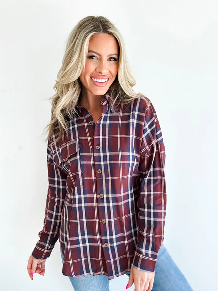 Flannel Plaid Button Down Wine