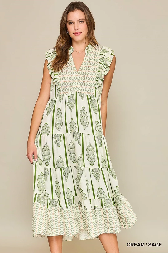 UMGEE Border Print Smocked Maxi Dress Sage Mix