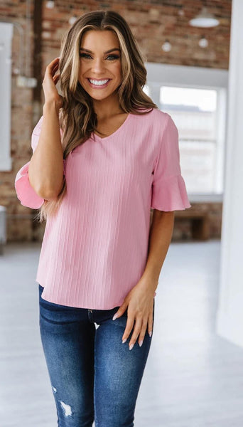 Savannah Solid Textured Bell Sleeve Top Dusty Rose