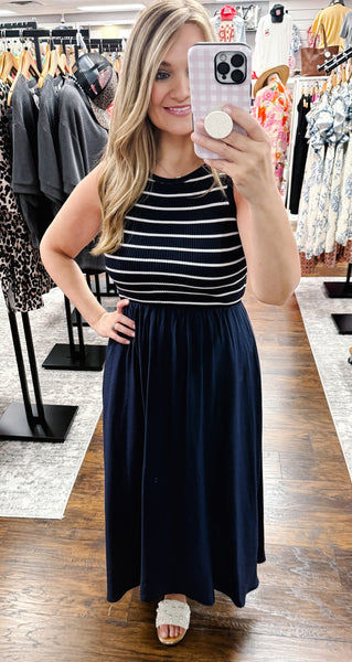 Navy Stripe Mixed Media Midi Dress