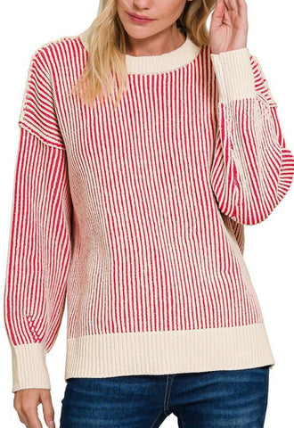 Two Tone Stripe Crew Sweater Hot Pink