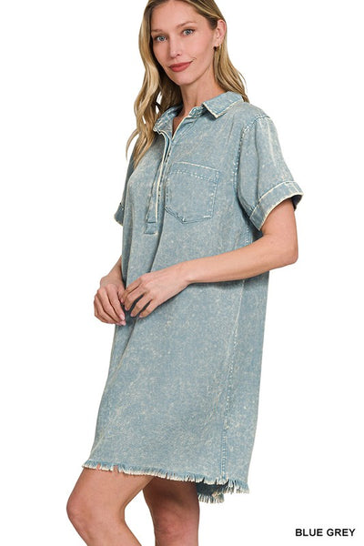 Lizzy Linen Raw Hem Pocket Dress Blue Grey