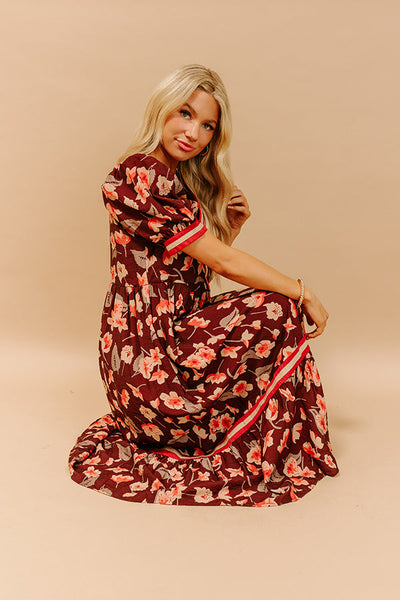 Floral Multicolor Tiered Midi Dress Brown Mix