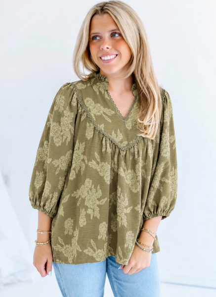UMGEE Floral Textured Top Olive