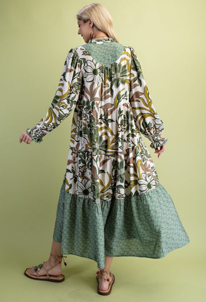 Green Mixed Print Tiered Midi Dress