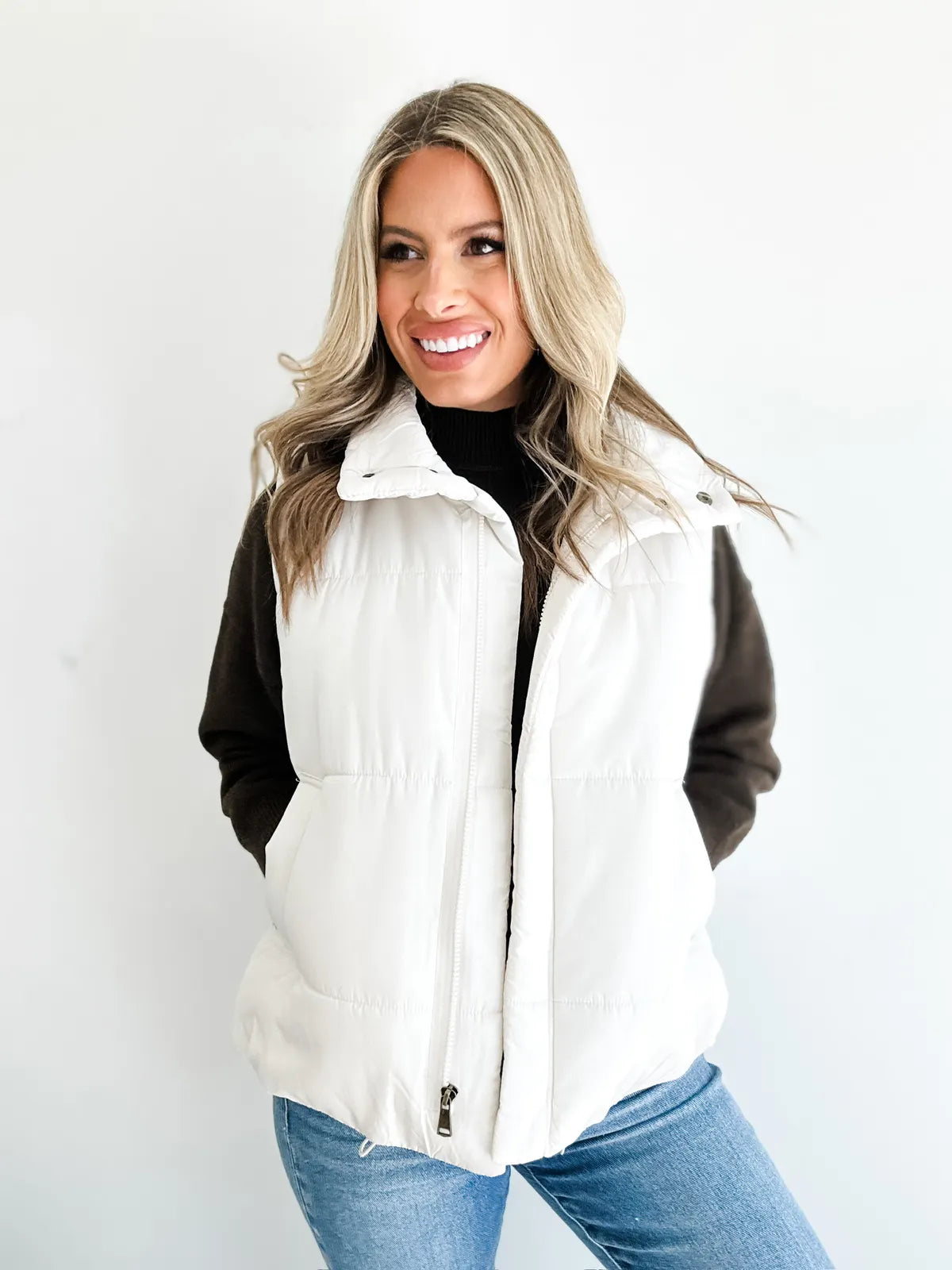 Solid Zip Up Puffer Vest Ivory