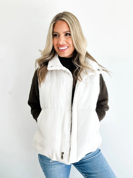 Solid Zip Up Puffer Vest Ivory