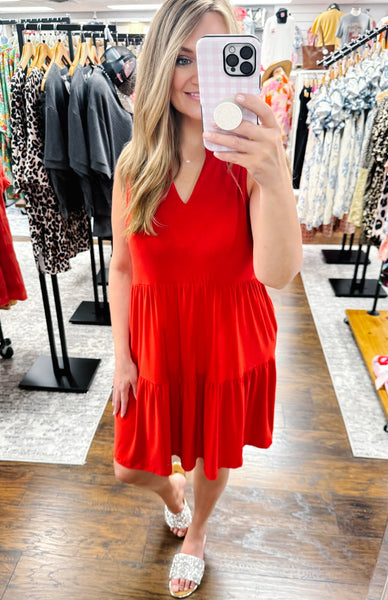 Solid Tank Ruffle Tiered Dress Red