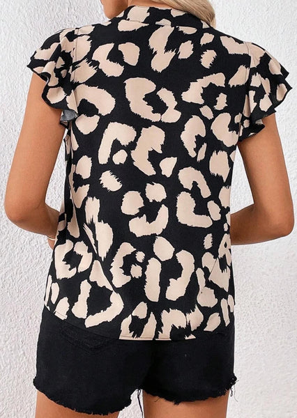 Ivory Black Leopard Split Neck Top