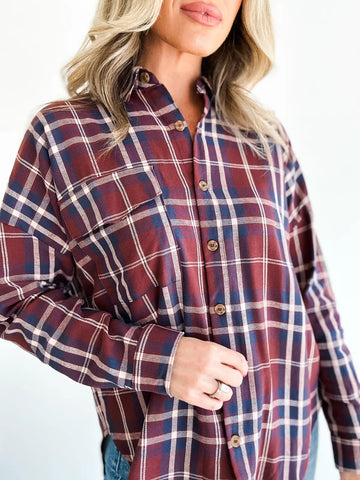 Flannel Plaid Button Down Wine