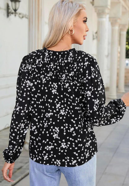 Black Split Neck Dotted Print Blouse