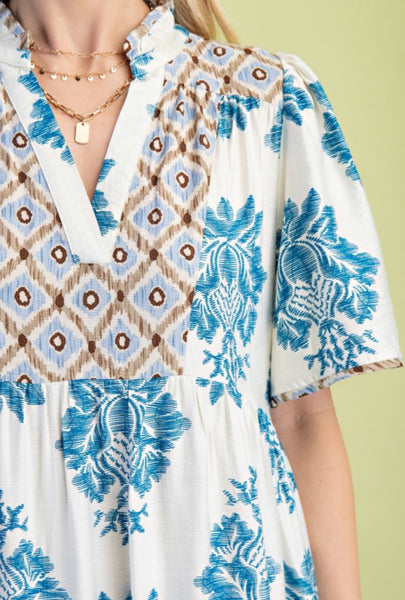 Teal Mix Print Midi Dress