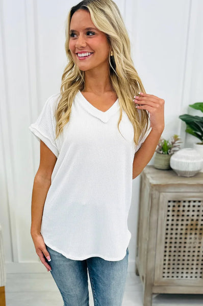 Ribbed V Neck Top Ivory