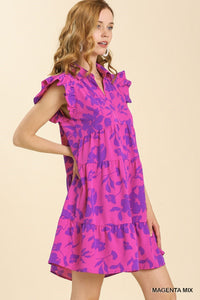 UMGEE Floral Print Collar Dress Magenta Mix