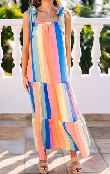 Tie Shoulder Multi Stripe Maxi Dress