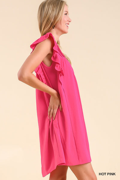UMGEE V-Neck Ruffle Shift Dress Hot Pink