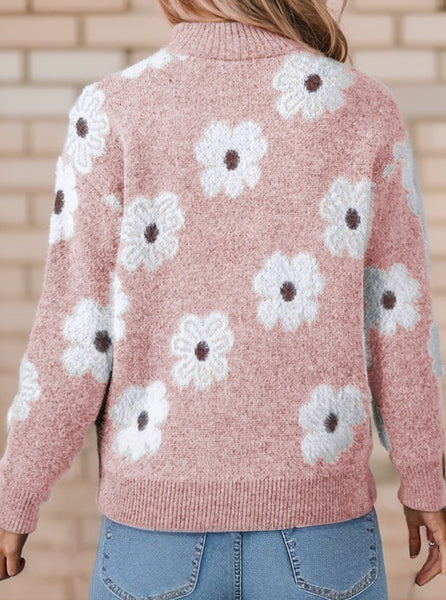 Rose Floral Half Zip Sweater Pullover