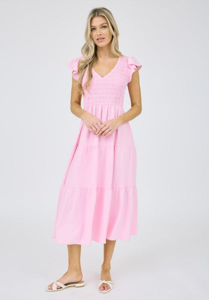 Solid Flutter Sleeve Midi Dress Light Pink