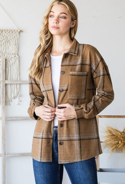 Camel Plaid Lightweight Button Down Shacket