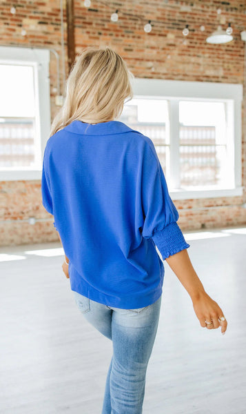 Smocked Sleeve Collared Top Dark Blue