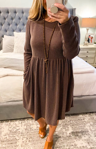 Urban Ribbed Knit Babydoll Dress Mocha