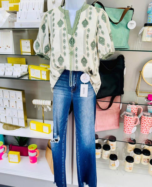Sage Embroidered Top