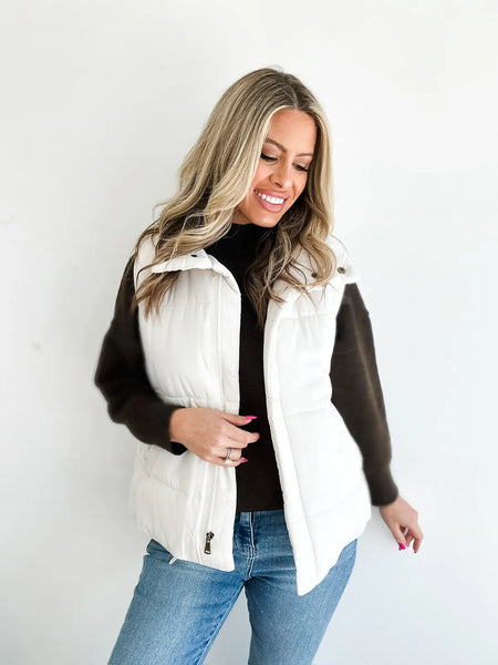 Solid Zip Up Puffer Vest Ivory