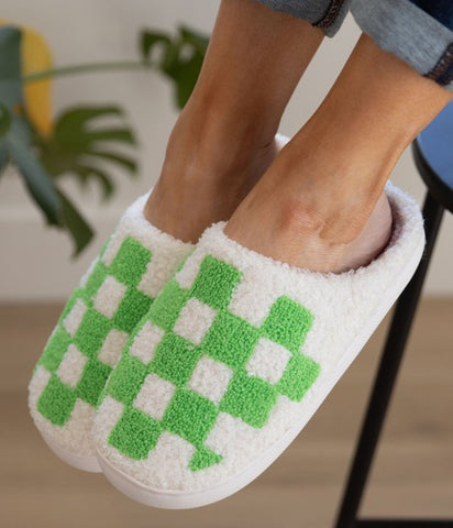 Checkered Plush Slippers Green
