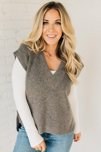 V Neck Boxy Sweater Vest Mocha
