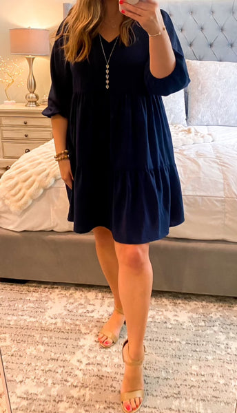 UMGEE V Neck 3/4 Sleeve Tiered Dress Navy