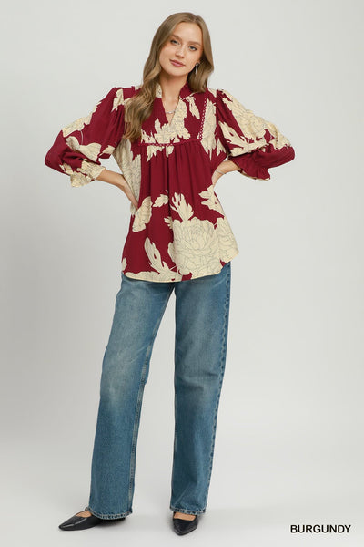 UMGEE Hampton Leaf Print Top Burgundy