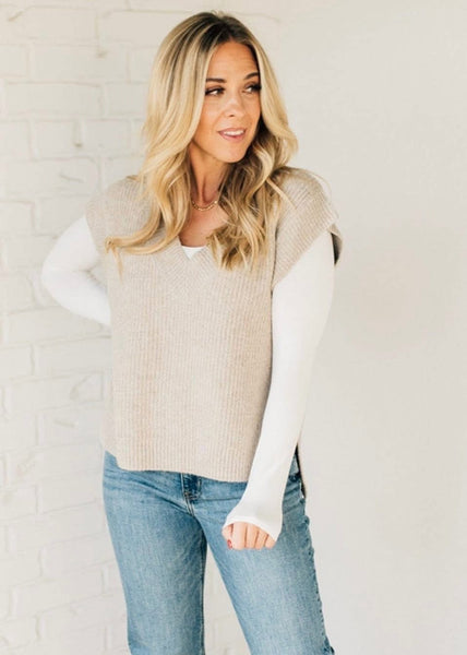V Neck Boxy Sweater Vest Heather Mocha